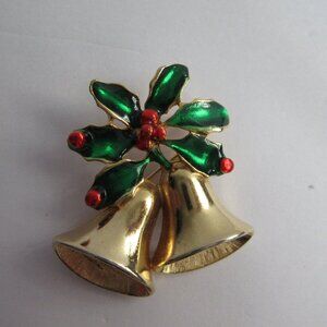 Christmas Brooch Pin 2 Bells Green Enamel Holly & Red Berry Holiday Vintage